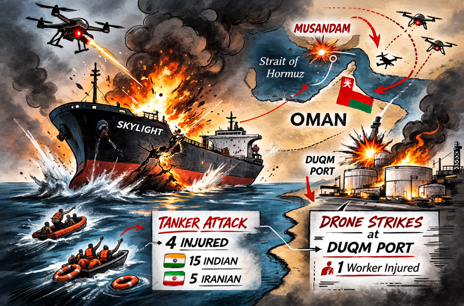 মাসান্দাম উপদ্বীপের কাছে তেলবাহী জাহাজে হামলা, দু’টি ড্রোনে আঘাত ডুকম বন্দরে